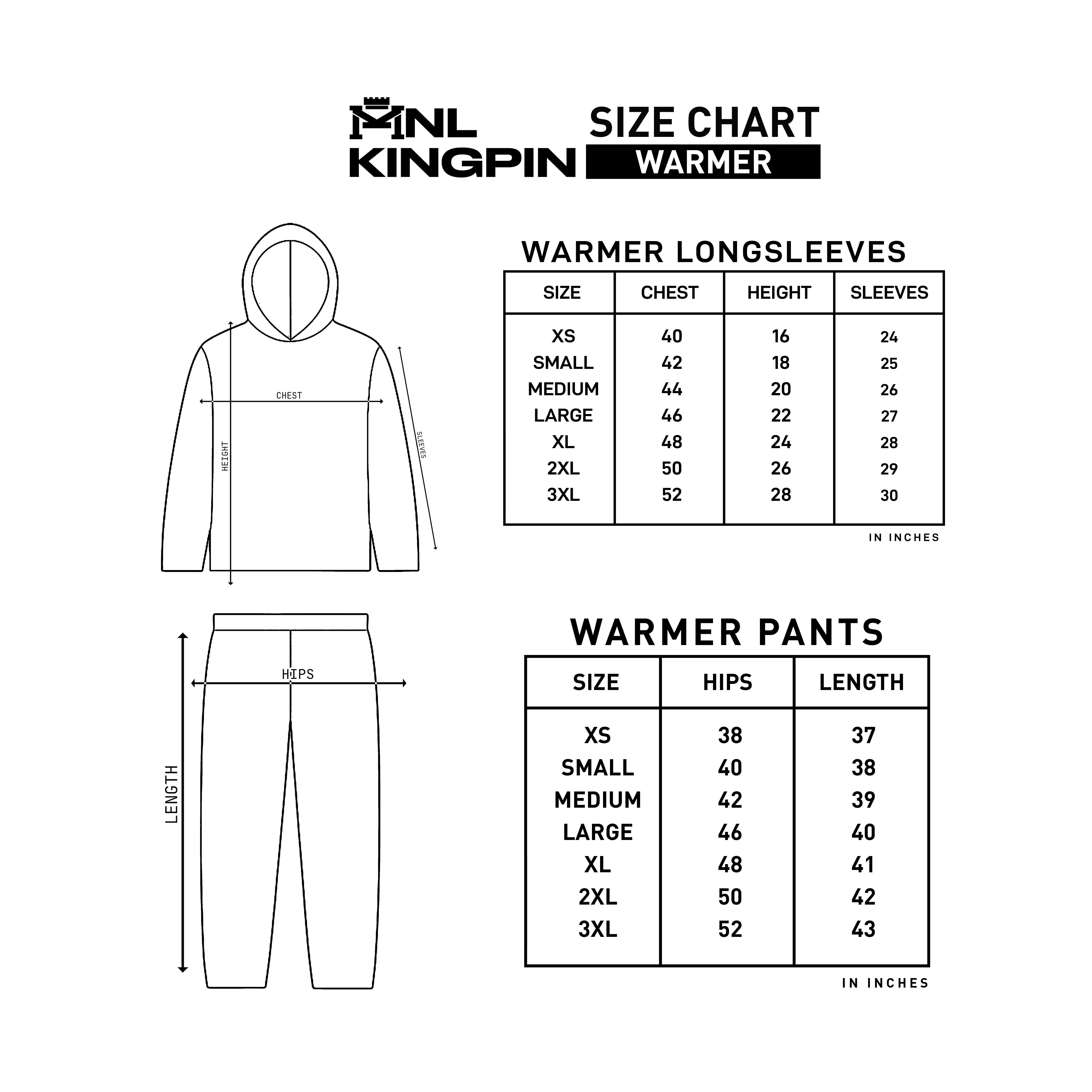 Warmer size chart